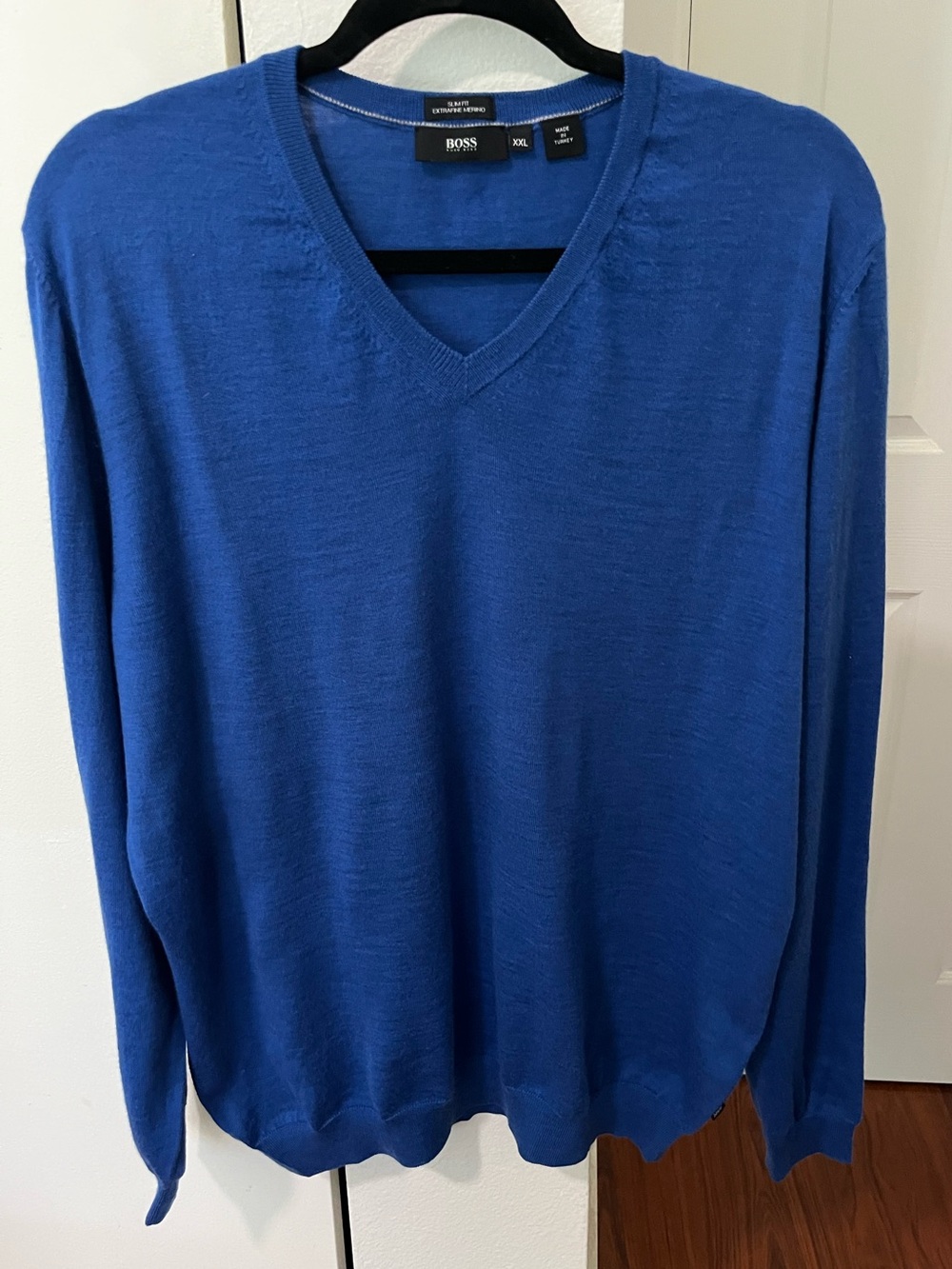 Boss Men's Slim Fit V-Neck Sweater in Merino Wool Royal Blue